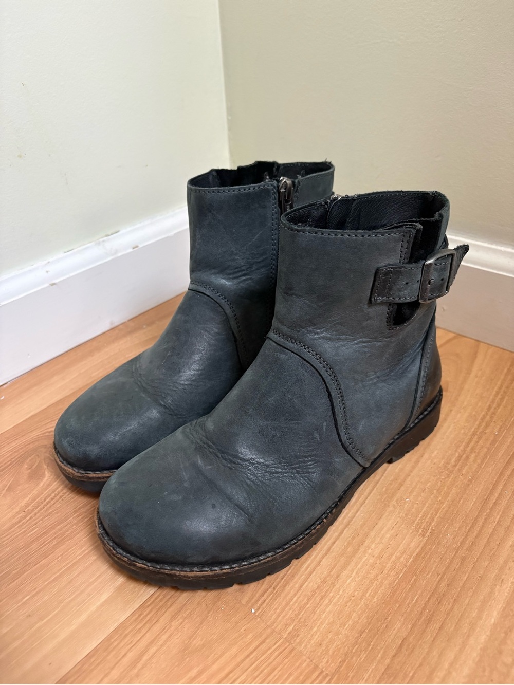 Birkenstock Charcoal Gray Leather Ankle Booties with Side Buckle